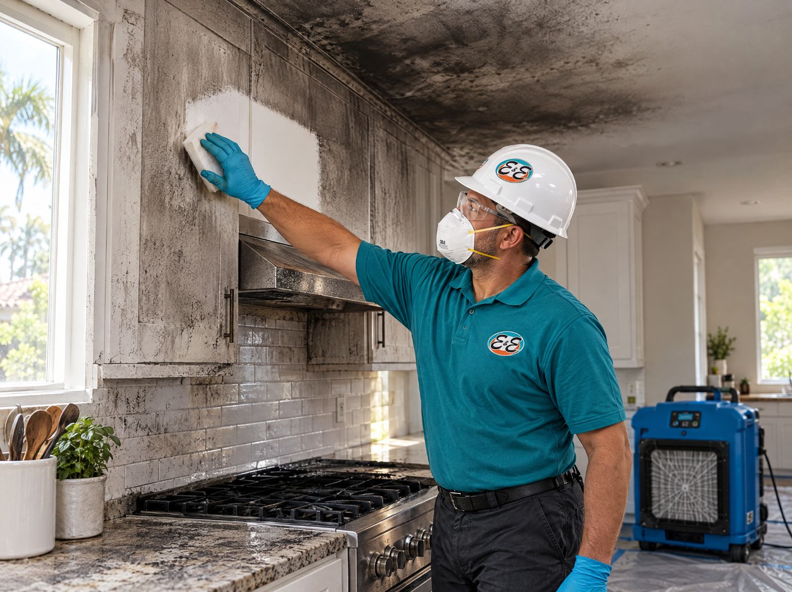 Soot cleanup in a kitchen after a fire