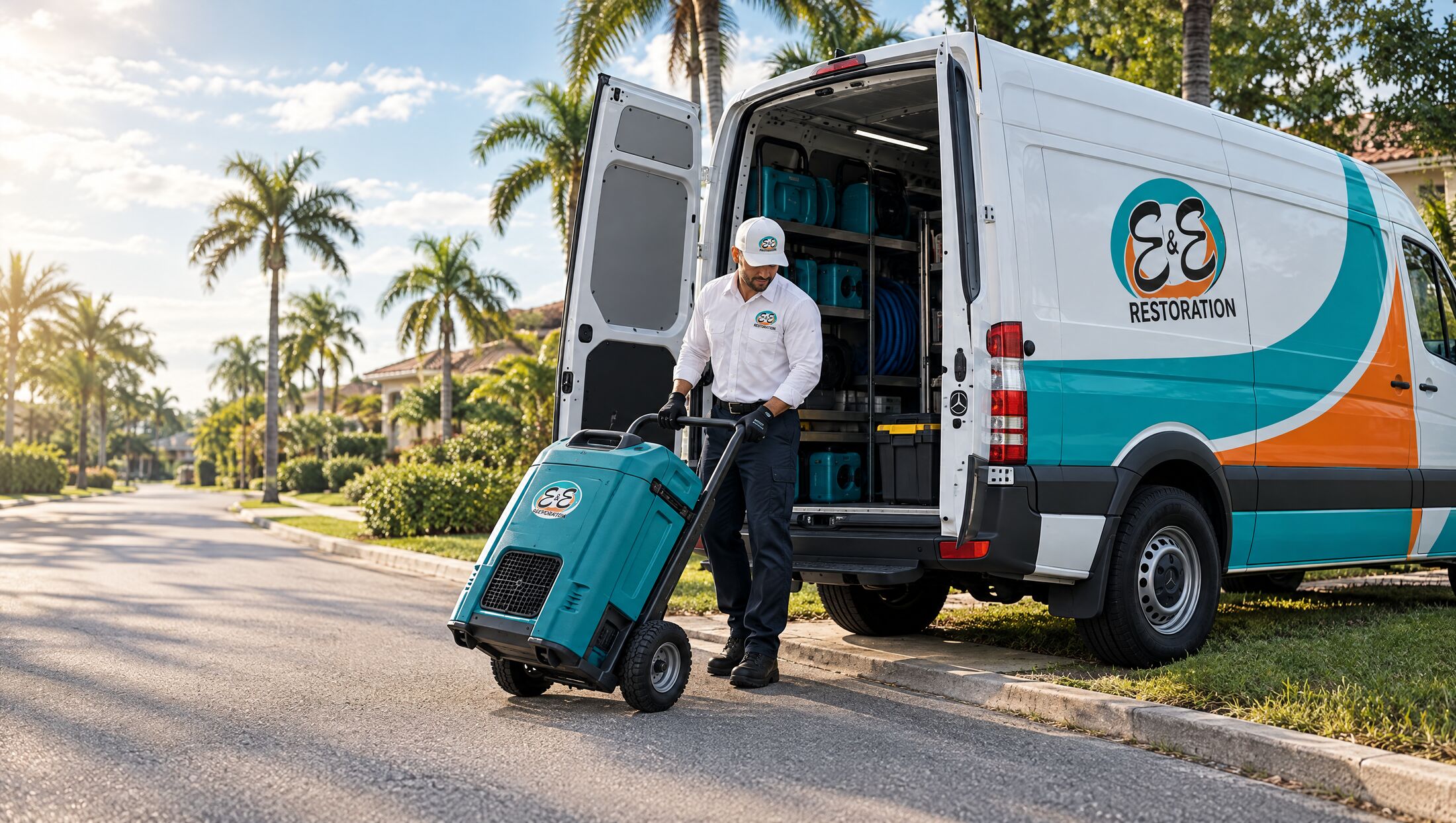 An E&E Restoration technician unloading a dehumidifier from the company van on a palm-lined street