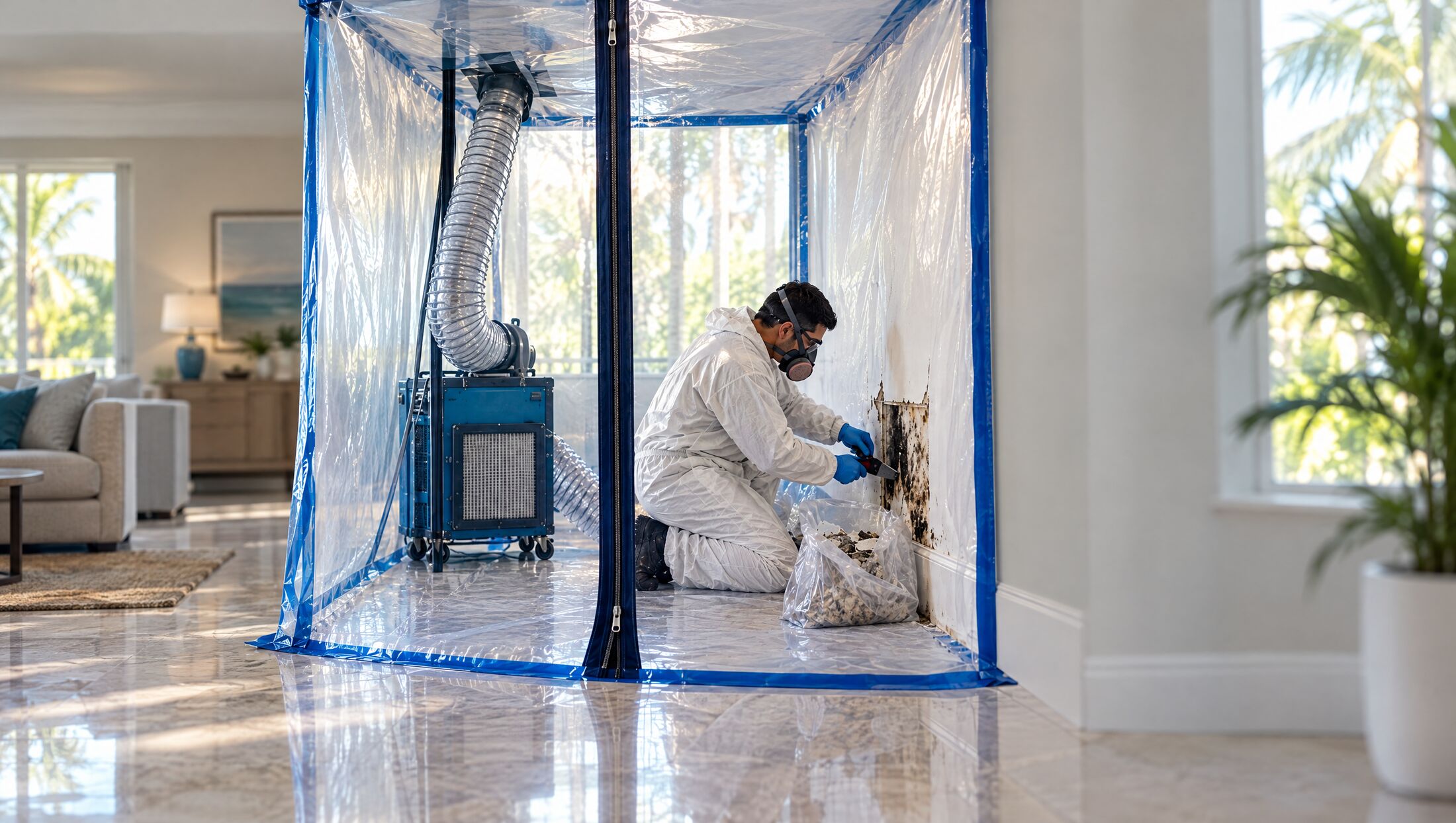 Mold remediation inside plastic containment with a HEPA air scrubber, technician in protective suit and respirator
