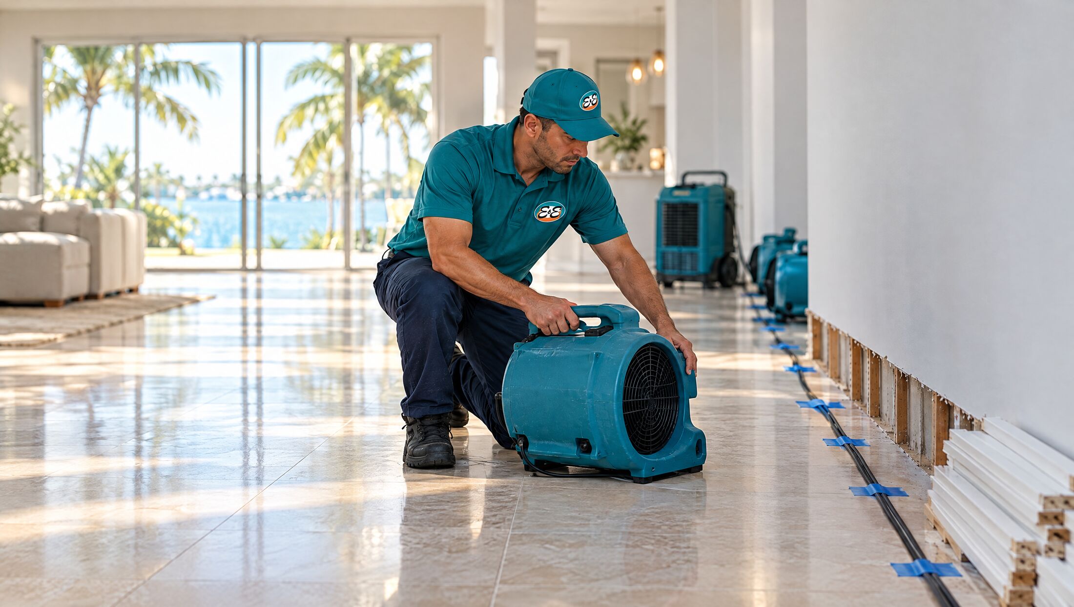 An E&E technician positioning air movers to dry a water-damaged living room