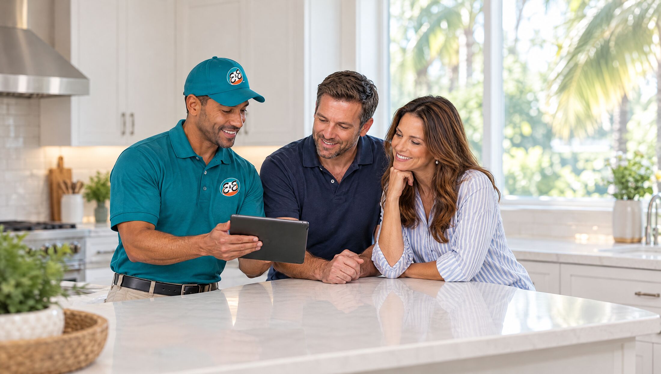 An E&E technician walking homeowners through a written estimate in their kitchen
