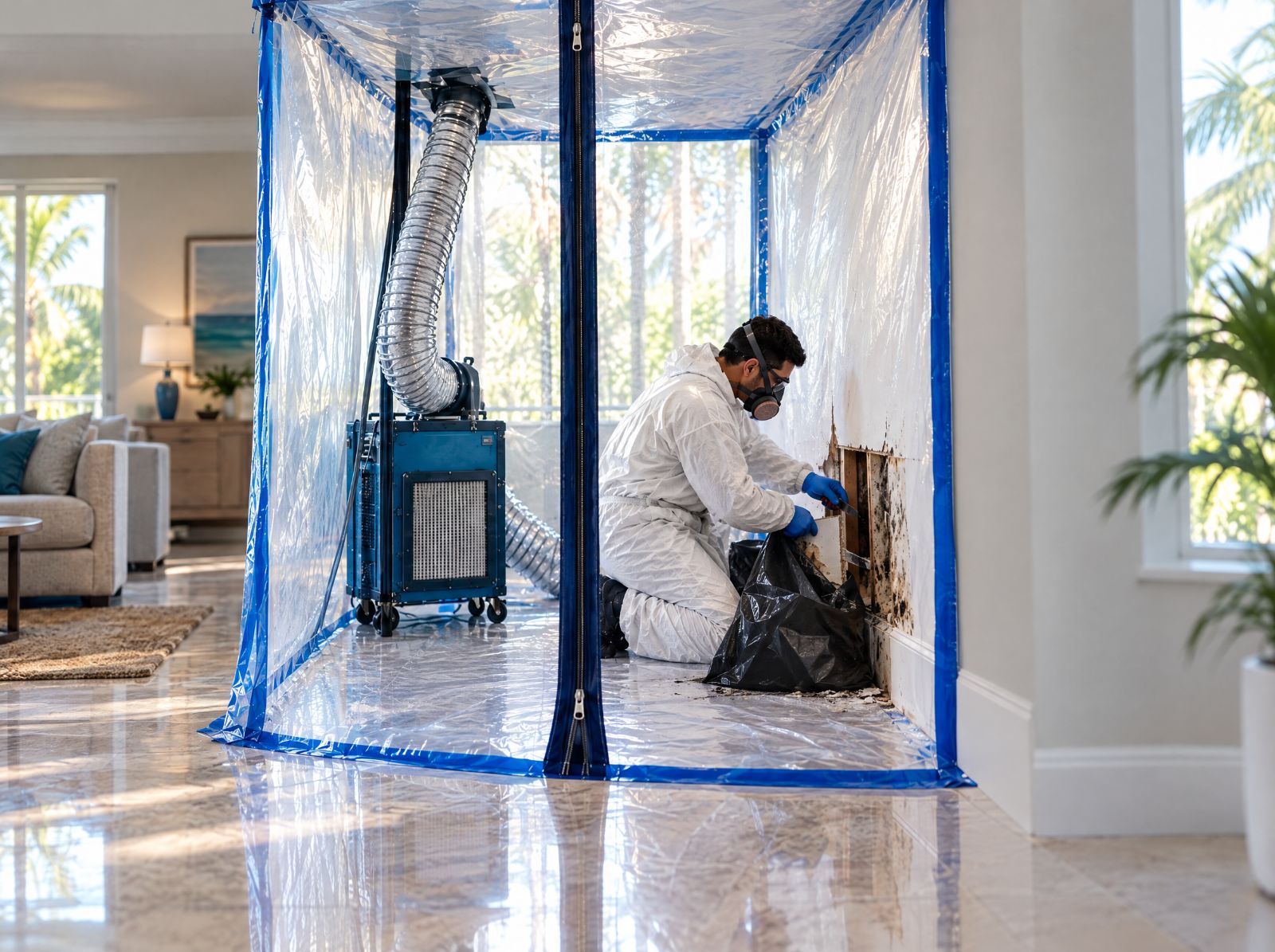 E&E technician removing mold-damaged drywall inside containment