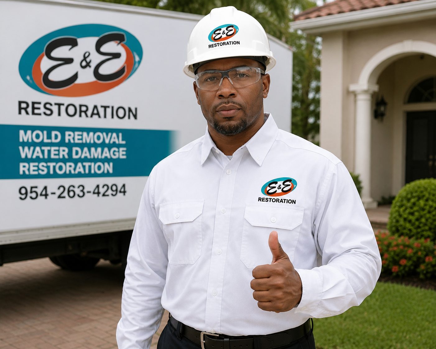 An E&E Restoration technician in full gear in front of the service van and a South Florida home